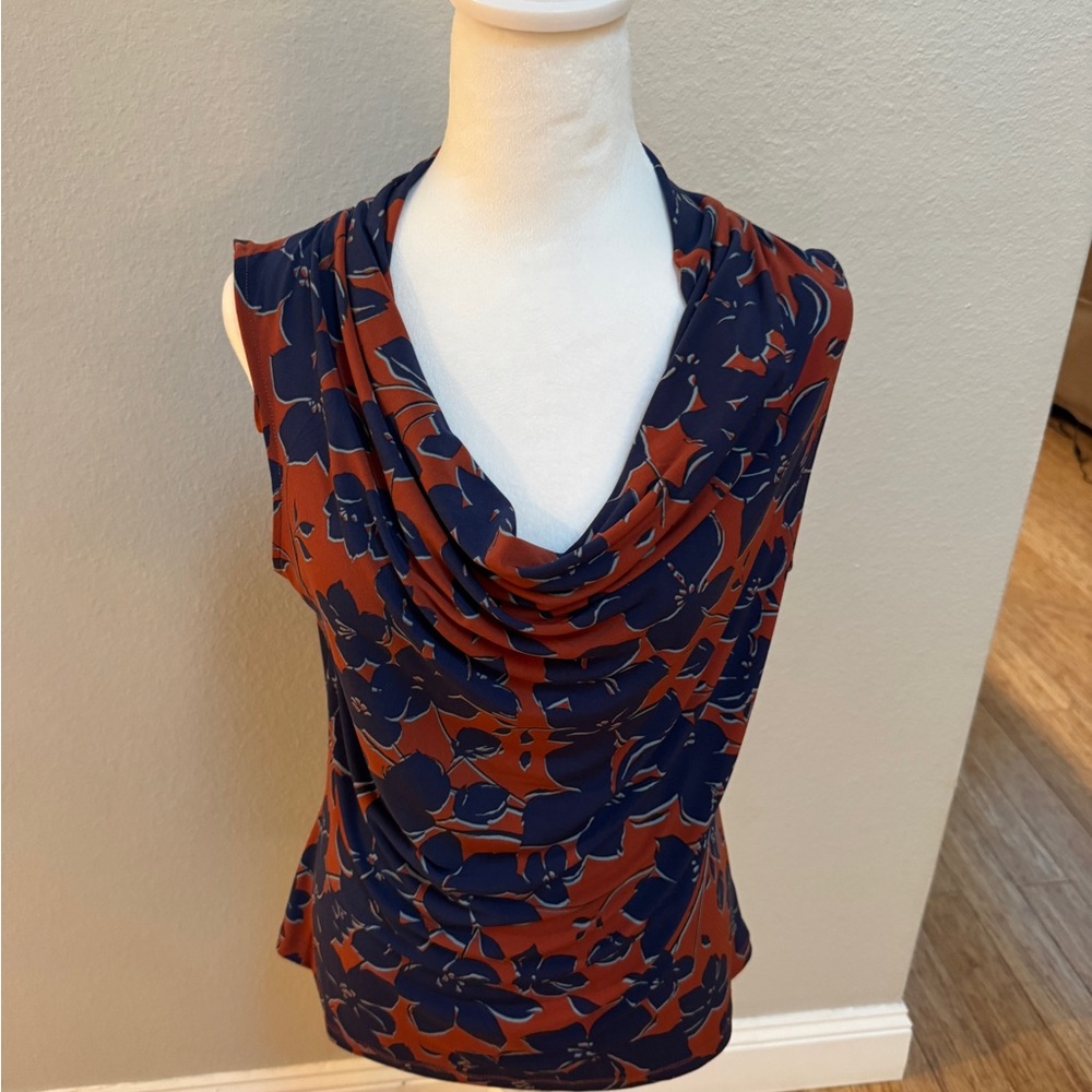 Tahari Navy and Rust Floral Cowl Neck Camisole